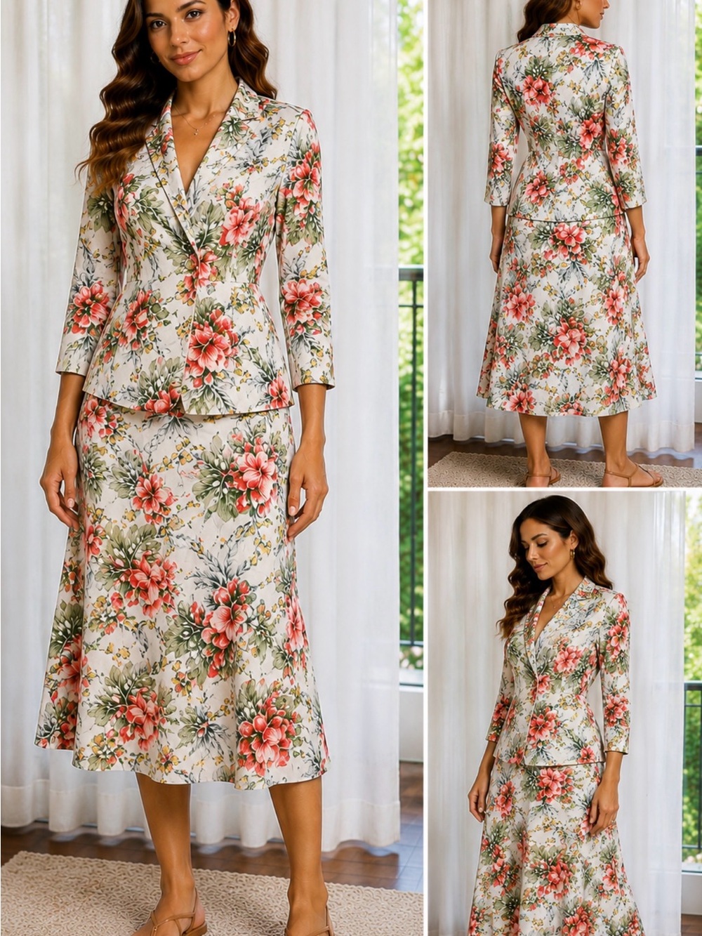 Lulu Floral Blazer Jacket - White with Coral & Green Print